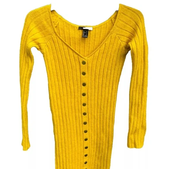 Forever 21 Ribbed Bodycon Off the Shoulder Mustard Sweater Dress Size S - Picture 1 of 5